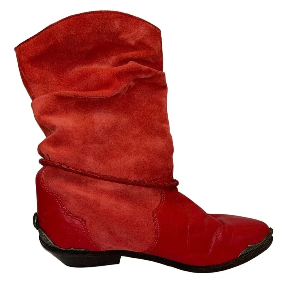 ZODIAC Vintage 80s Lauper Red Leather Slouchy Cowboy Boots Womens 6.5 Charm‎